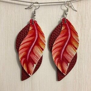 Red Orange White PU Leather Feather Teardrop Earrings